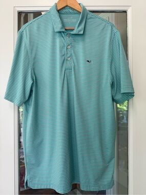 Vineyard Vines Aqua White Striped SUPER SOFT  Men's Polo Sz L. Clean, smoke free